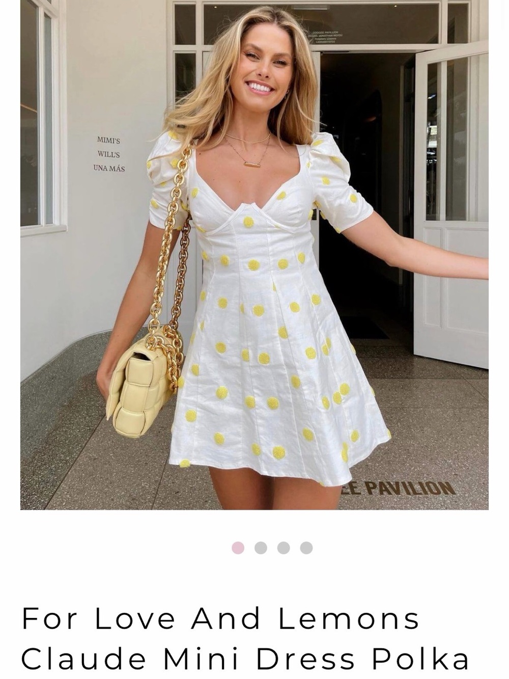 For Love And Lemons White Mini Dress with Yellow Polka Dots- Linen